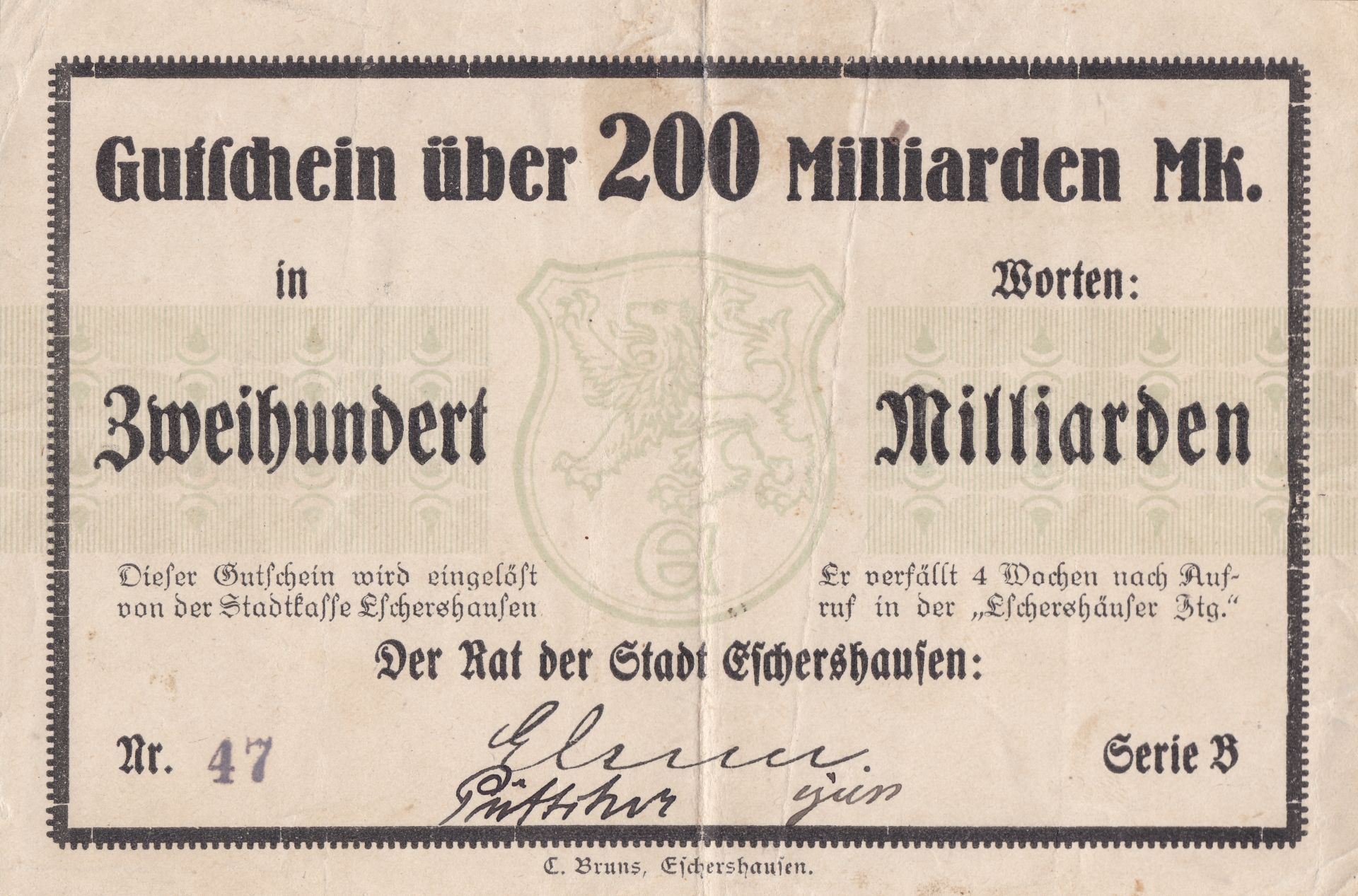 Inflationsgeld der Stadt Eschershausen, Frontseite des 200-Milliarden-Mark-Scheins 1923